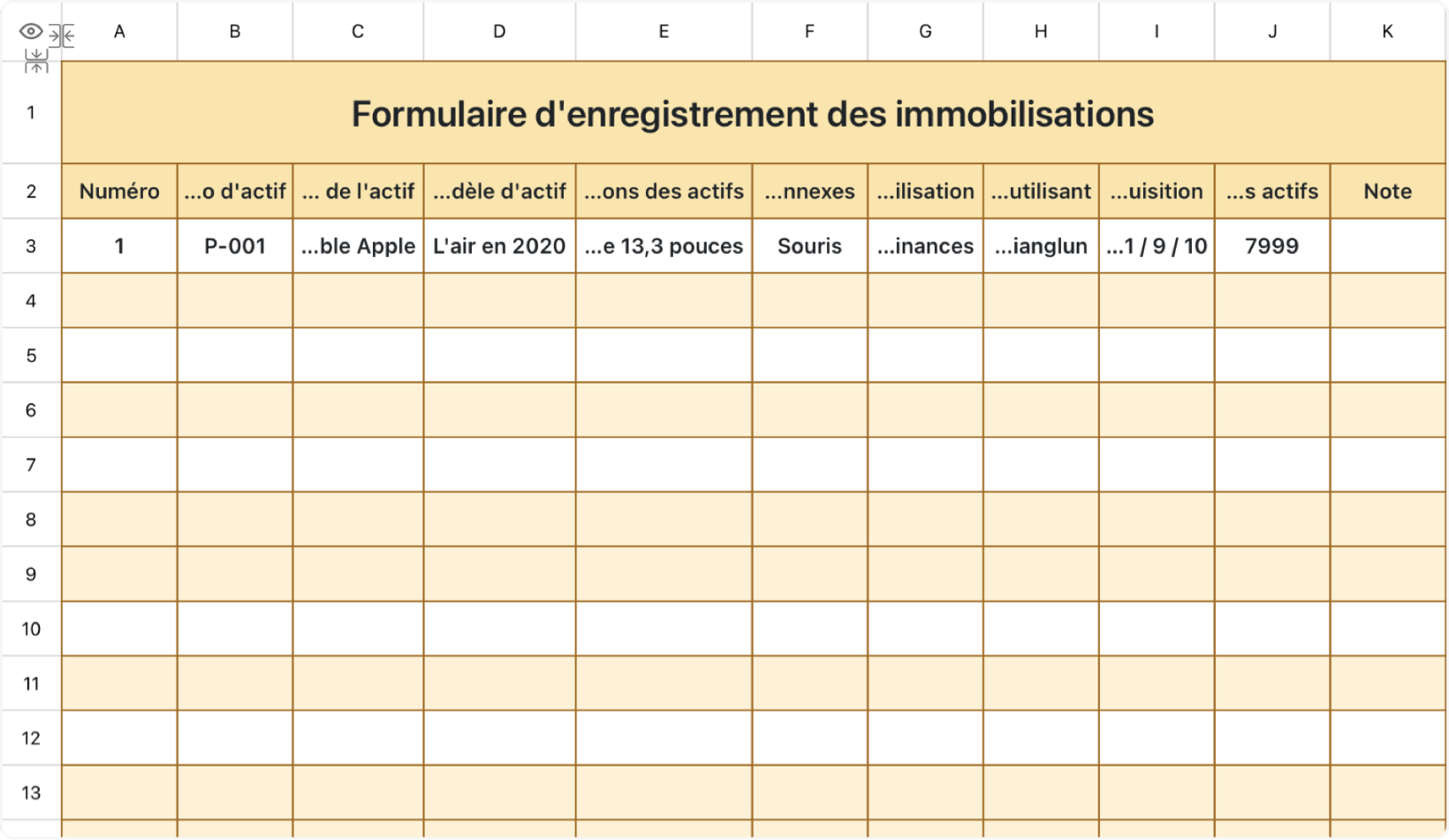 Formulaire d'enregistrement des immobilisations